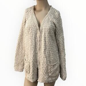 POL Chunky Knit Cream Open Front Popcorn Cardigan Patch Pockets Cottage L NWOT